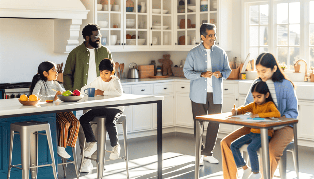 a family interacting naturally at home in their mold-resistant kitchen, The kitchen was built with mold resistant materials to create a mold free environment.